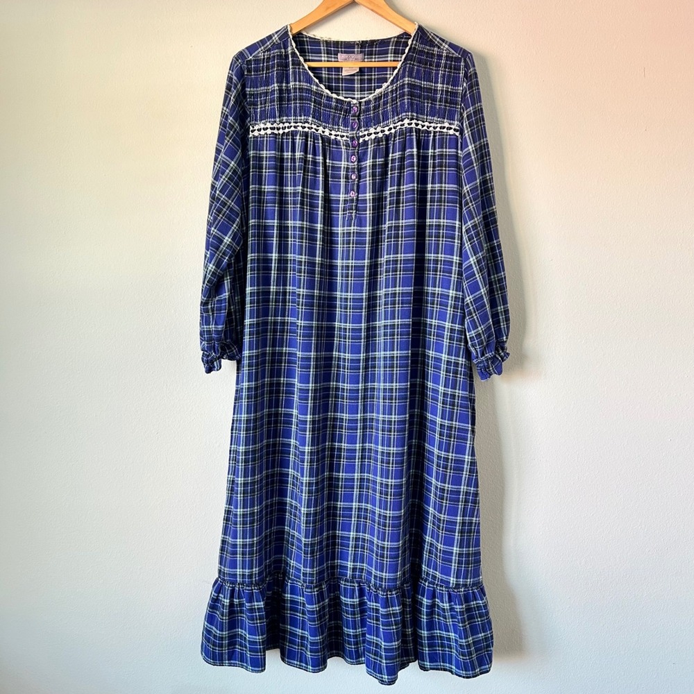 Cottagecore Traditional Nightgown Plaid Cotton Long‎ Sleeve Ruffle Lace Plus 1X